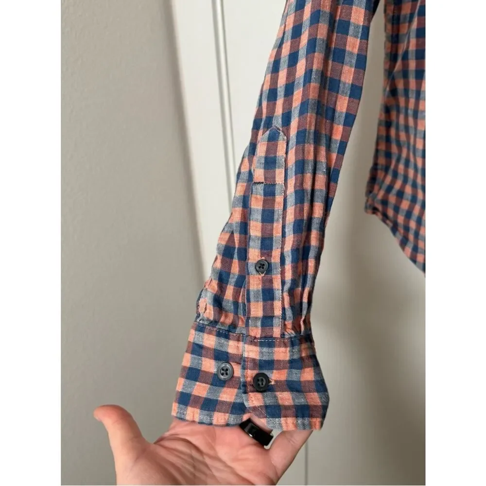 Banana Republic Camden Fit Shirt Men Sz M Blue Pink Check 100% Linen Long Sleeve